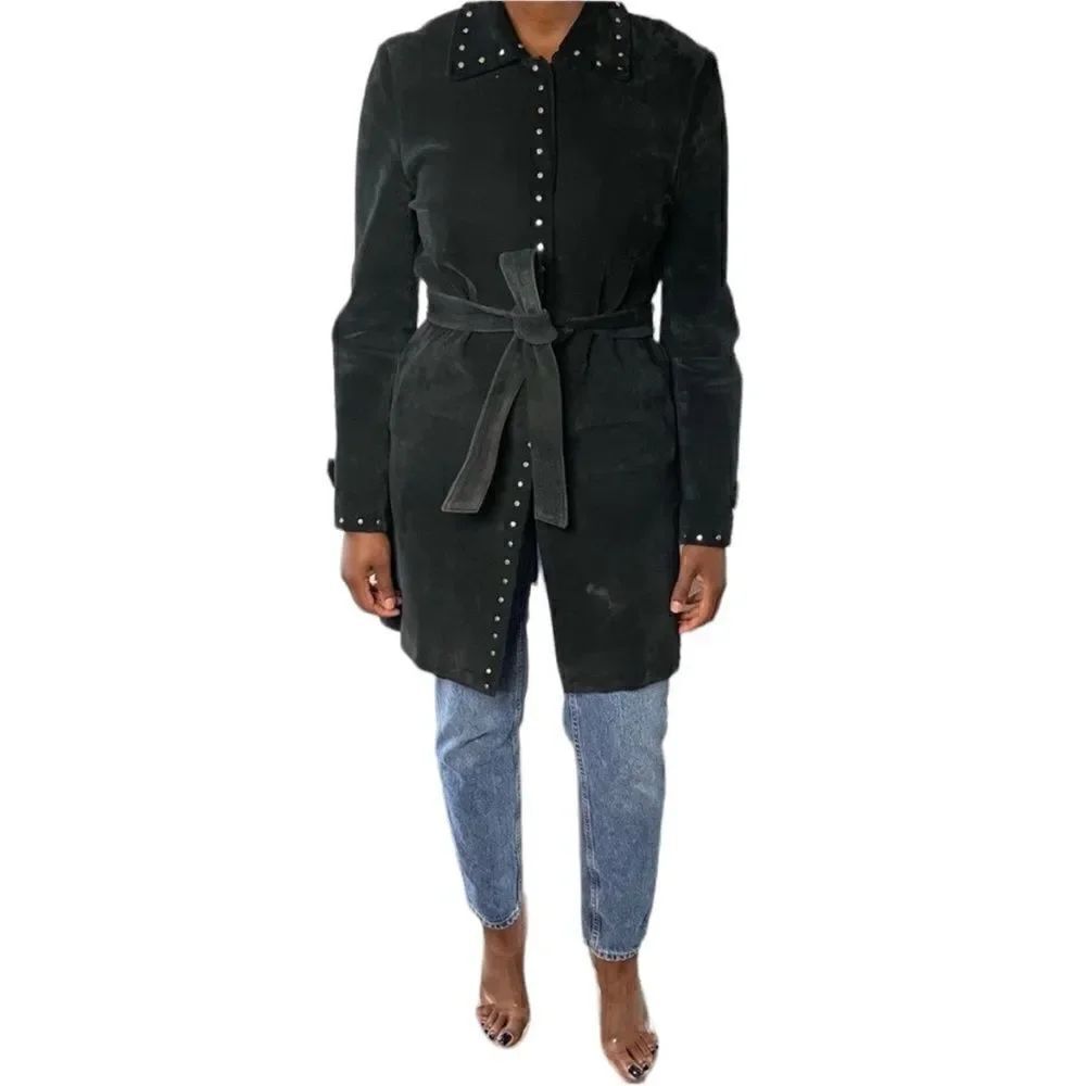 Express Vintage Suede Leather Studded Belted Trench Coat Jacket